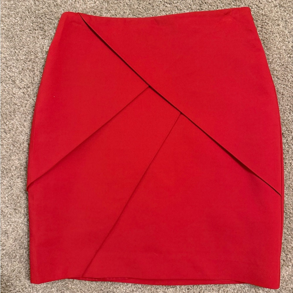 H&M red pencil skirt layered front design classic wardrobe staple
